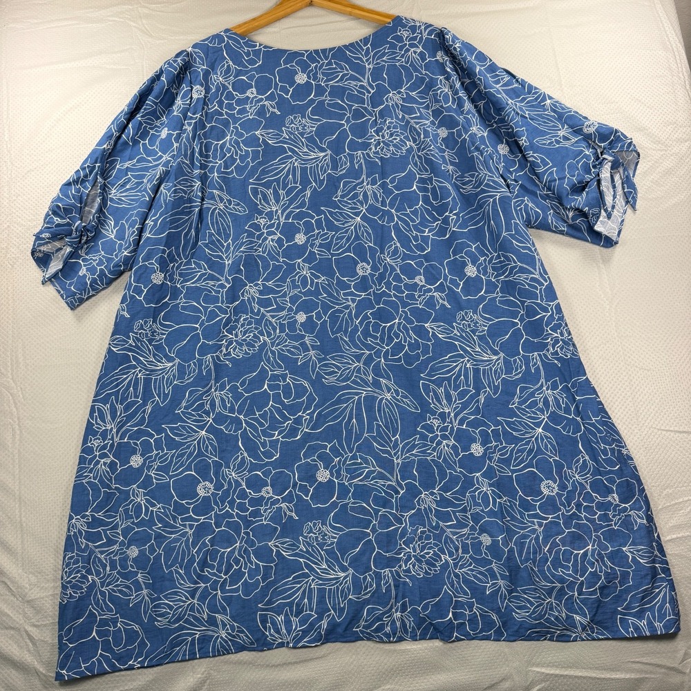 Kiyonna Womens 3X Blue White Floral Shift Dress Tie Sleeve Knee Length Plus Size